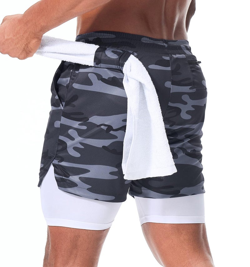 Surenow Men's Athletic Running Shorts Quick Dry Workout Shorts 2 in 1 Shorts 5" Gym Running Shorts for Men with Phone Pocket Camouflage Grey - Image 2